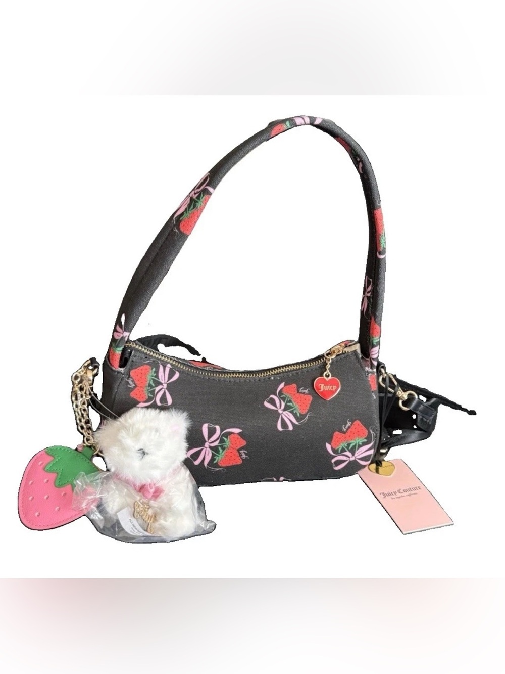 Juicy Couture Early 2000s Style Strawberry Mini Bag Black Bow Print Dog Charm